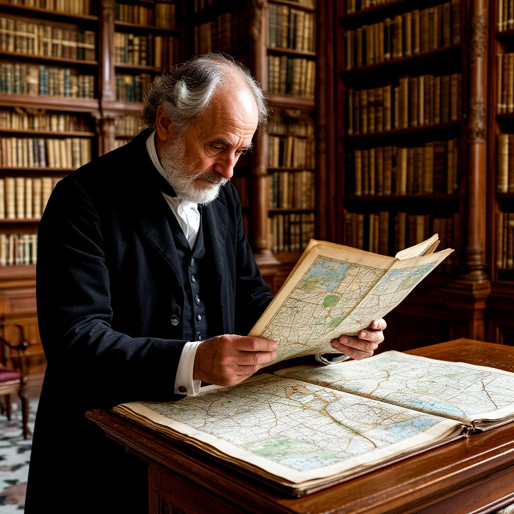 Founder reviewing maps and notes in a Florentine library
