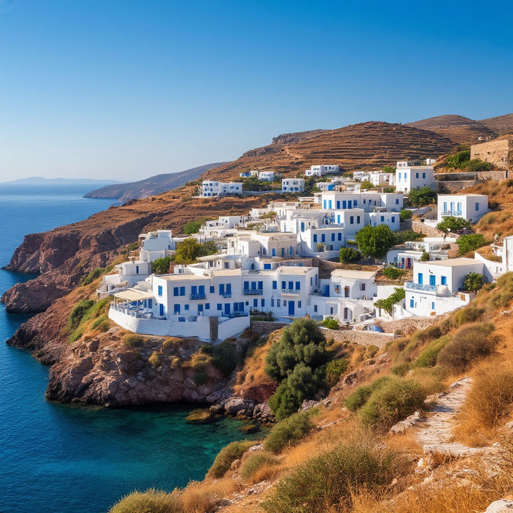 White-washed village on a Greek island hillside overlooking the Aegean