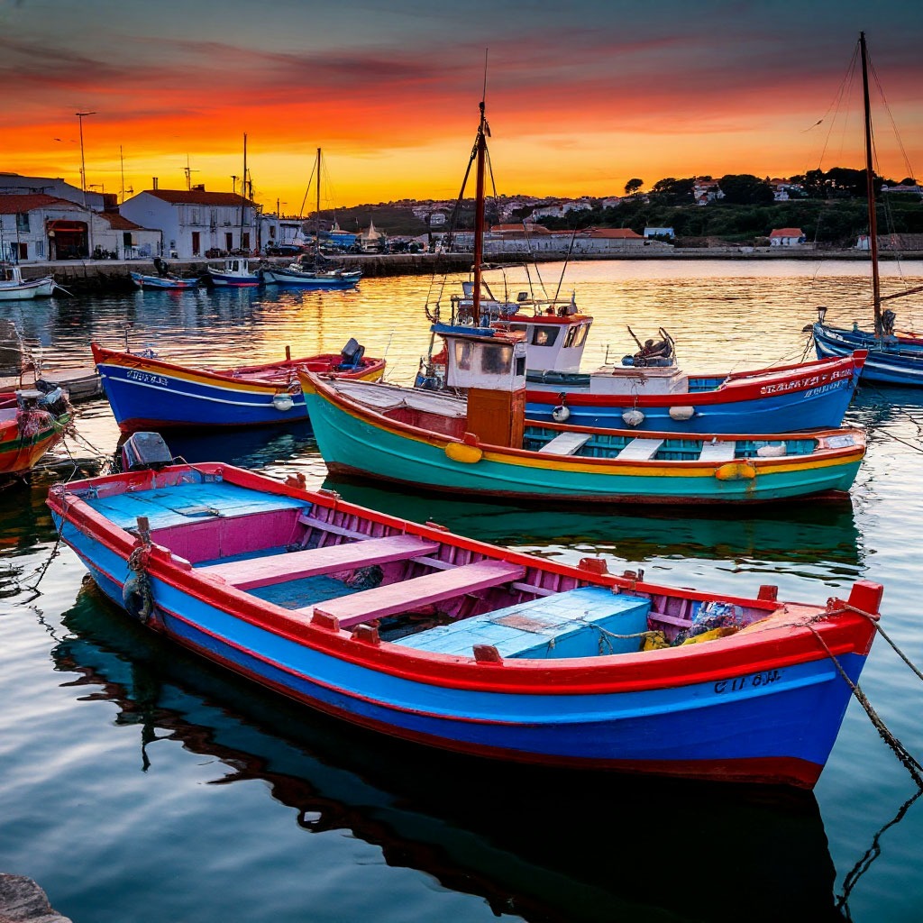 Colourful fishing boats in a Portuguese harbour at dawn