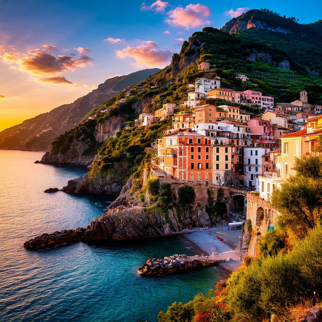 Cliffside village on the Amalfi Coast at sunrise, Italy