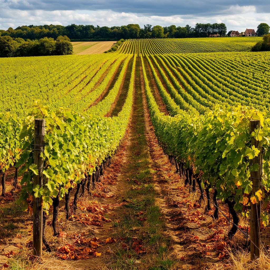 Vineyard rows in Burgundy at harvest time, France