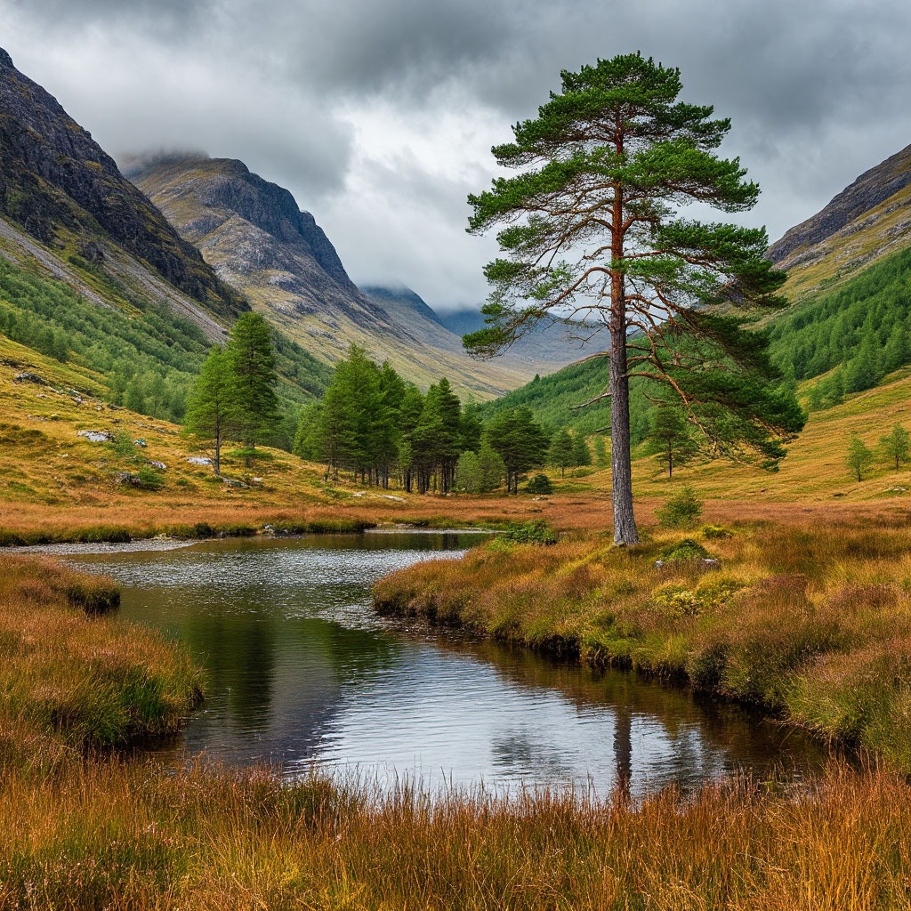 Remote Highland glen with loch and ancient pines, Scotland