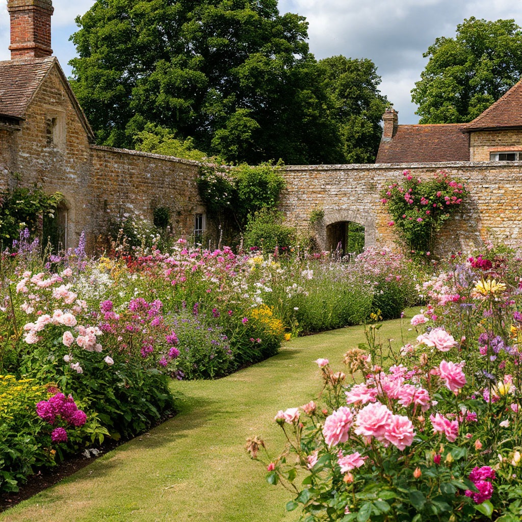Walled English country garden in full bloom, Oxfordshire