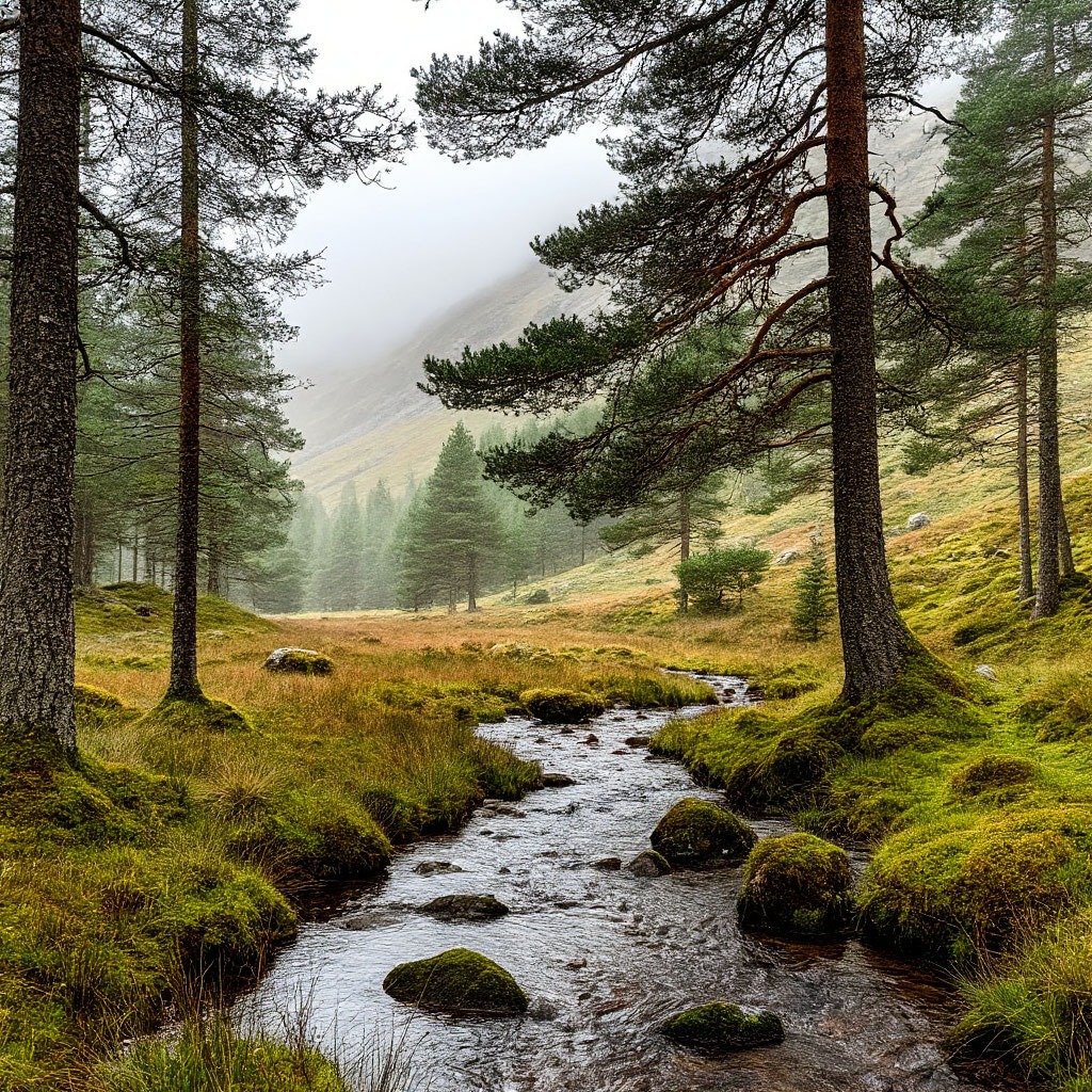 Misty Highland glen with ancient pine forest, Scotland